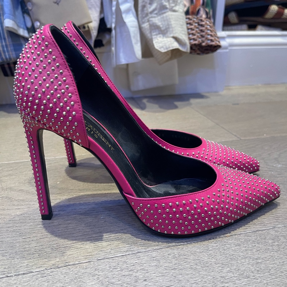 Saint Laurent Studded Pointed  Pumps In Pink Leather Heels Pumps